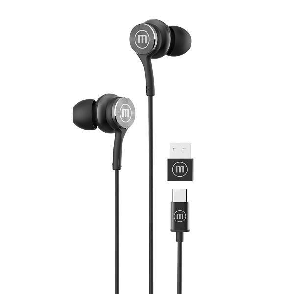 Maxell XC1 USB-C wired headphones with USB-A adapter black Image 1