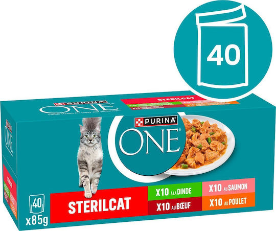 Purina One Υγρή Τροφή για Γάτες σε Κονσέρβα με Βοδινό, Κοτόπουλο, Σολομό και Γαλοπούλα 40x85gr