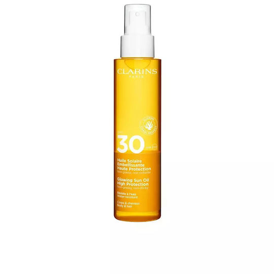 Clarins Glowing Αδιάβροχο Αντηλιακό Λάδι για το Σώμα SPF30 σε Spray 150ml